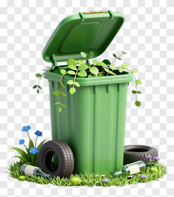 Green Trash Bin Surrounded By Plants And Tires PNG