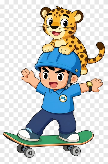 Cartoon Boy Skateboarding With A Leopard PNG