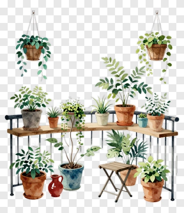 Potted Plants On A Wooden Shelf PNG