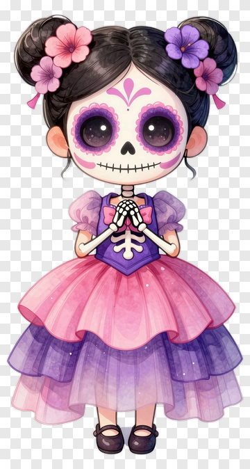 Cartoon Skeleton Girl In A Colorful Dress PNG