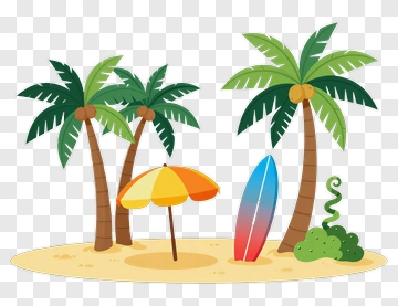Tropical Beach Scene With Palm Trees And Surfboard PNG