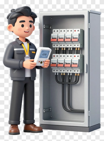 3D Electrician Holding A Multimeter Near A Circuit Breaker Panel PNG