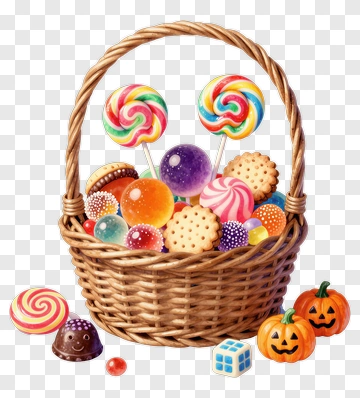 Halloween Candy Basket Filled With Colorful Treats PNG