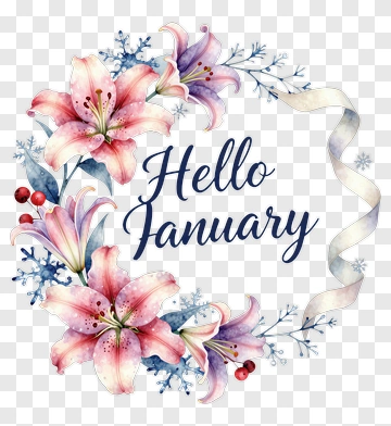 Floral Wreath With Hello January Text PNG