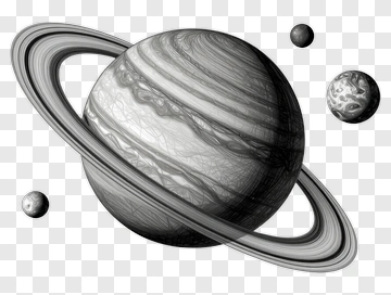 Black And White Illustration Of Saturn With Moons PNG