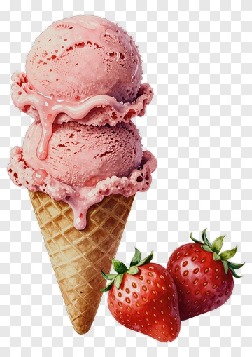 Strawberry Ice Cream Cone With Fresh Strawberries PNG