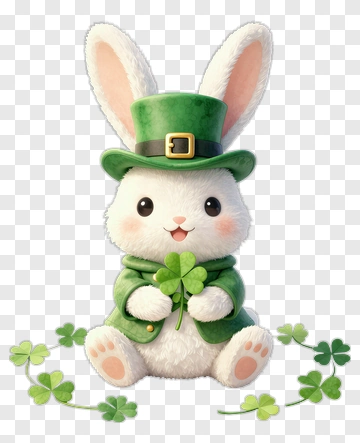 Cartoon Rabbit Wearing A Green Hat And Holding A Shamrock PNG