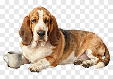Realistic Basset Hound Lying With A Coffee Mug PNG
