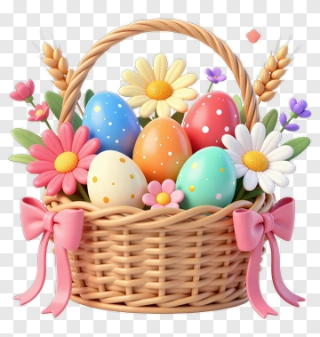 Easter Basket Filled With Colorful Eggs And Flowers PNG