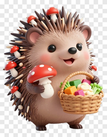 Cute Hedgehog Holding A Basket Of Mushrooms And Vegetables PNG