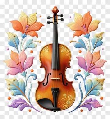 Colorful Violin Surrounded By Floral Decorations PNG