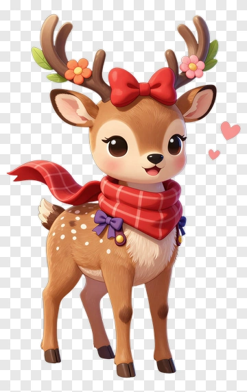 Cartoon Deer With Scarf And Flowers PNG