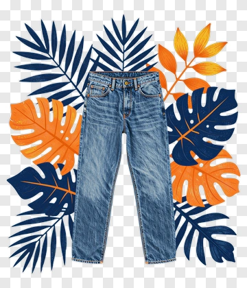 Jeans Surrounded By Colorful Tropical Leaves PNG