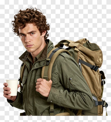 Young Man With Backpack And Coffee PNG