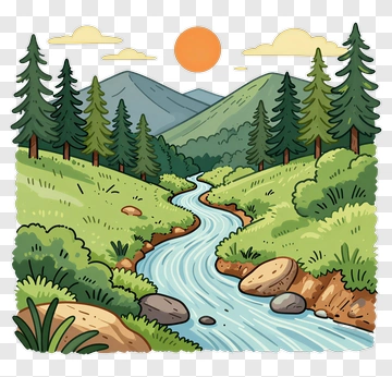 Cartoon River Flowing Through A Mountain Landscape PNG