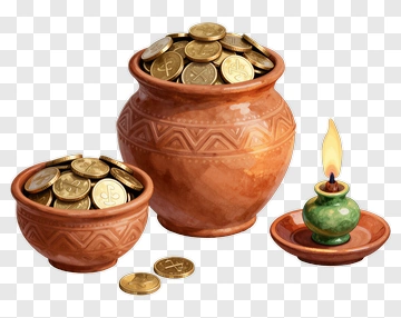 Clay Pots Filled With Coins And A Candle PNG
