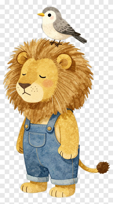 Cartoon Lion Wearing Overalls With A Bird On Its Head PNG