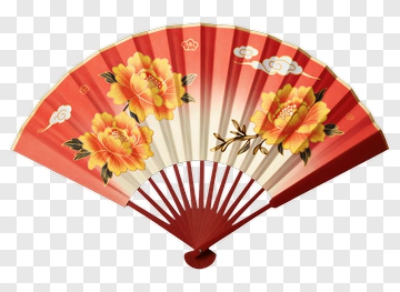 Red Decorative Fan With Yellow Flowers PNG
