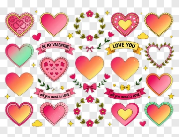 Valentine Heart Collection With Love Banners And Floral Wreaths PNG