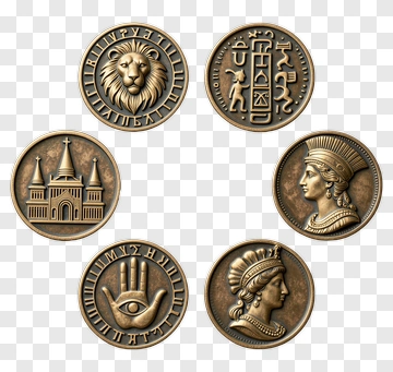Bronze Coins Featuring Historical Symbols PNG