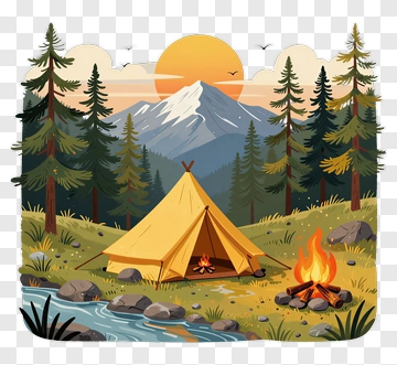 Camping Scene With Tent And Campfire PNG
