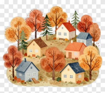 Colorful Autumn Village With Houses And Trees PNG