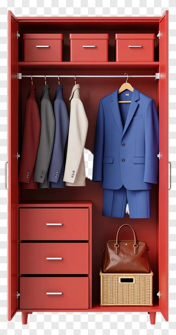 Red Wardrobe With Suits And Accessories PNG
