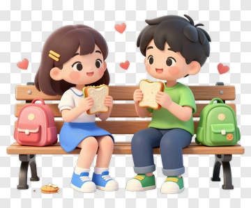Cartoon Children Sitting On A Bench Eating Sandwiches PNG