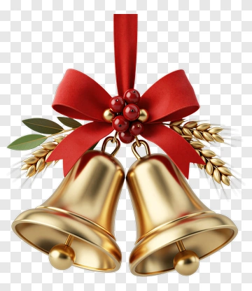Golden Christmas Bells With Red Ribbon And Green Leaves PNG