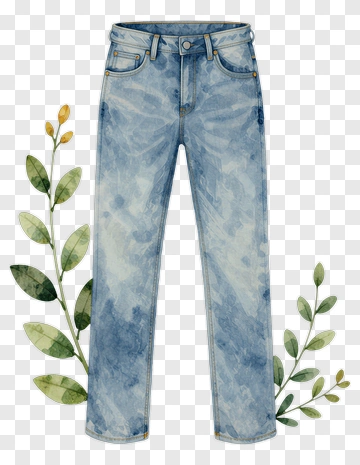 Watercolor Blue Jeans With Green Leaves PNG