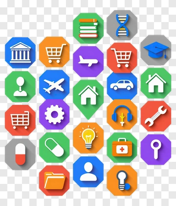 Colorful Icon Set Featuring Various Symbols PNG
