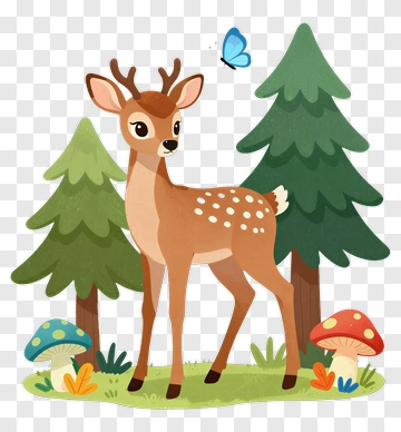 Cartoon Deer In A Forest With Mushrooms And Butterfly PNG