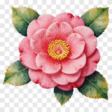 Pink Camellia Flower With Green Leaves PNG