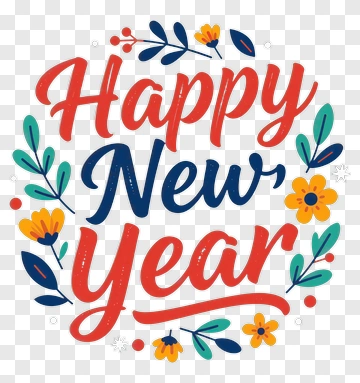 Happy New Year Greeting With Floral Elements PNG