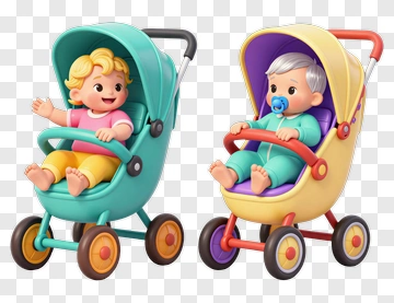 Cartoon Babies In Colorful Strollers PNG