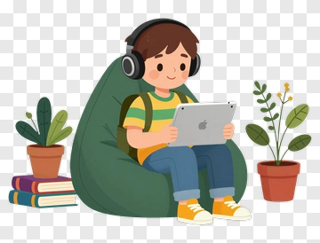 Cartoon Boy Sitting On A Bean Bag With Tablet PNG