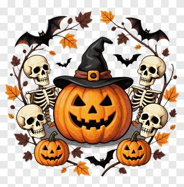 Halloween Pumpkin With Skeletons And Bats PNG