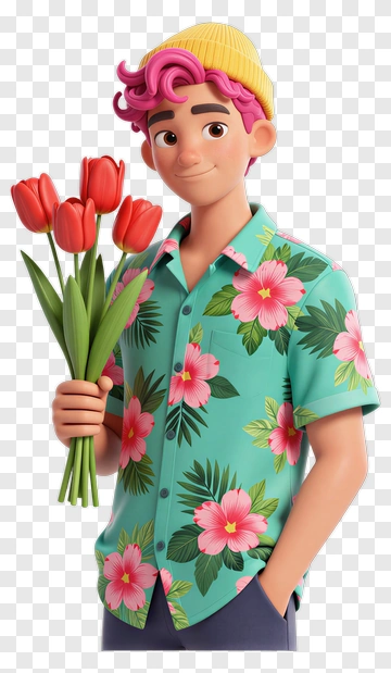Cartoon Man Holding Red Tulips PNG