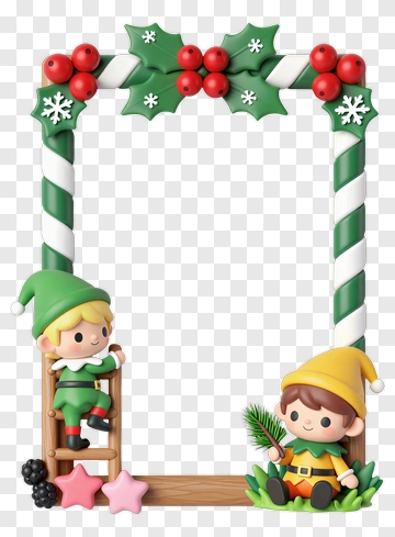 Christmas Frame With Elves And Holly PNG
