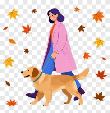 Woman Walking A Dog In Autumn PNG