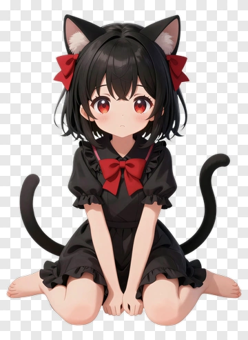Catgirl Sitting In A Black Dress PNG