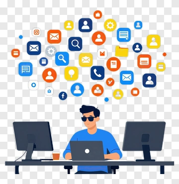Man Working At A Desk With Communication Icons PNG