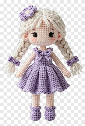 Crochet Doll With Braids And Purple Dress PNG