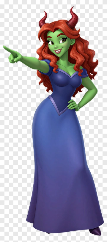 Cartoon Green Woman In A Purple Dress Pointing PNG