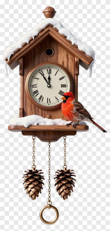 Wooden Cuckoo Clock With Cardinal Bird And Pine Cones PNG