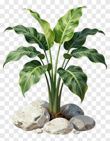 Green Plant With Large Leaves And Stones PNG