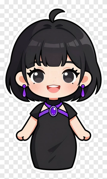 Cartoon Girl In A Black Dress With Purple Accessories PNG