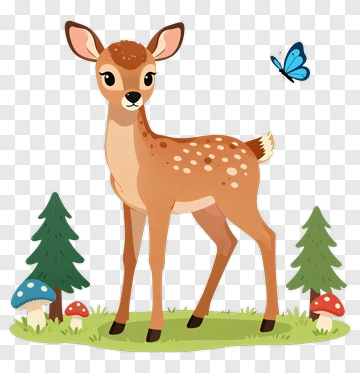 Cartoon Deer In A Forest With Mushrooms And Butterfly PNG