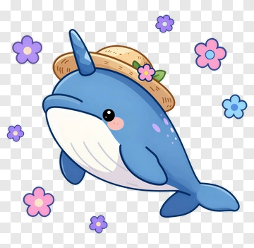 Cartoon Narwhal With Flowers PNG