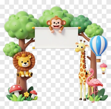 Cartoon Jungle Scene With Animals And Balloon PNG
